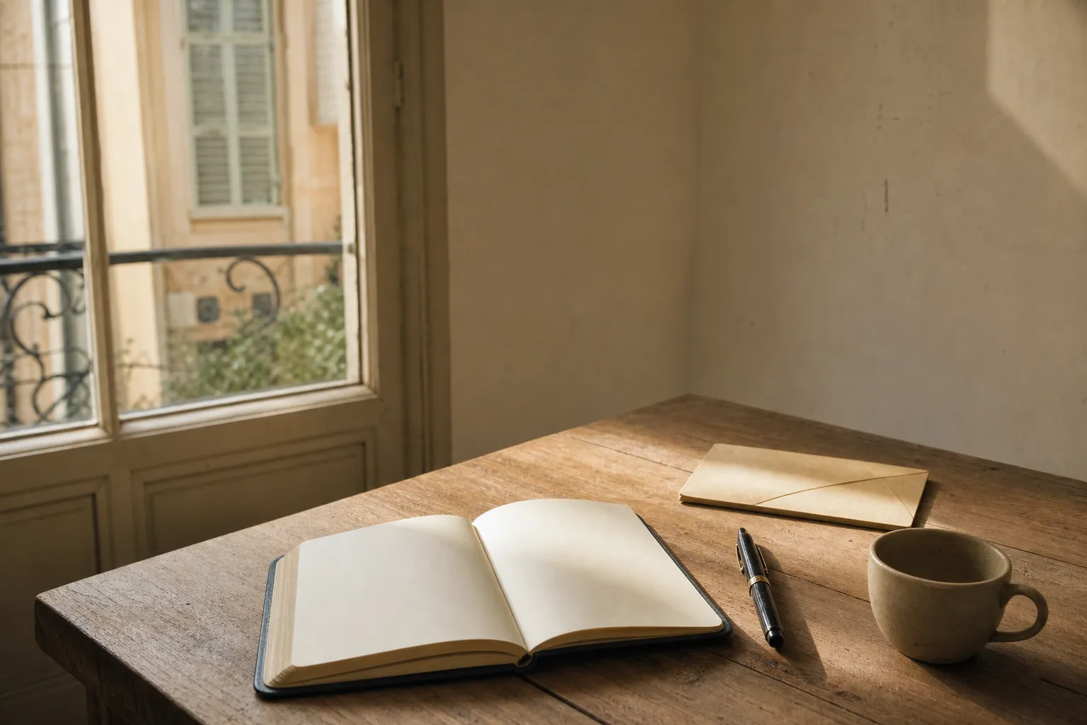 Table en bois près d’une fenêtre, lumière chaude de fin d’après-midi, carnet ouvert et stylo posé pour noter sa situation