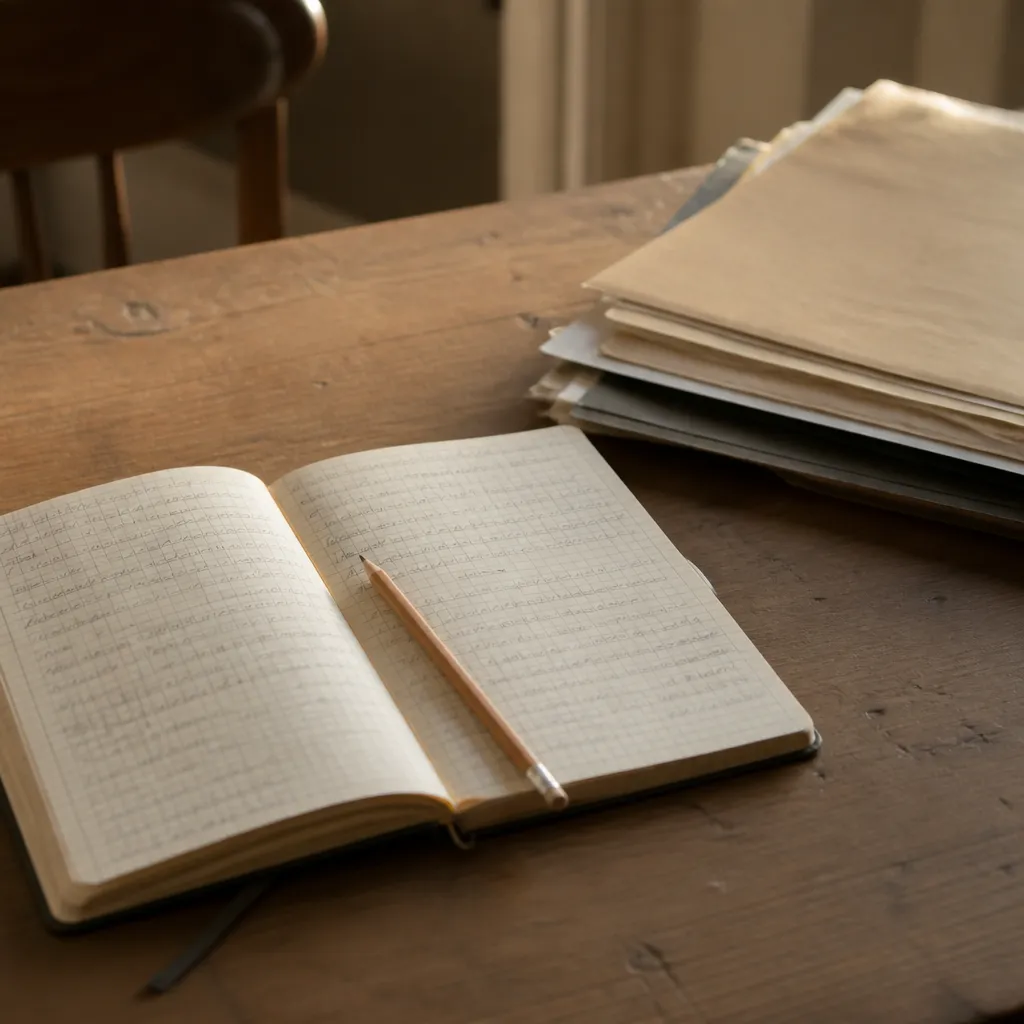 Carnet ouvert sur une table, liste de points écrite à la main, crayon posé en travers