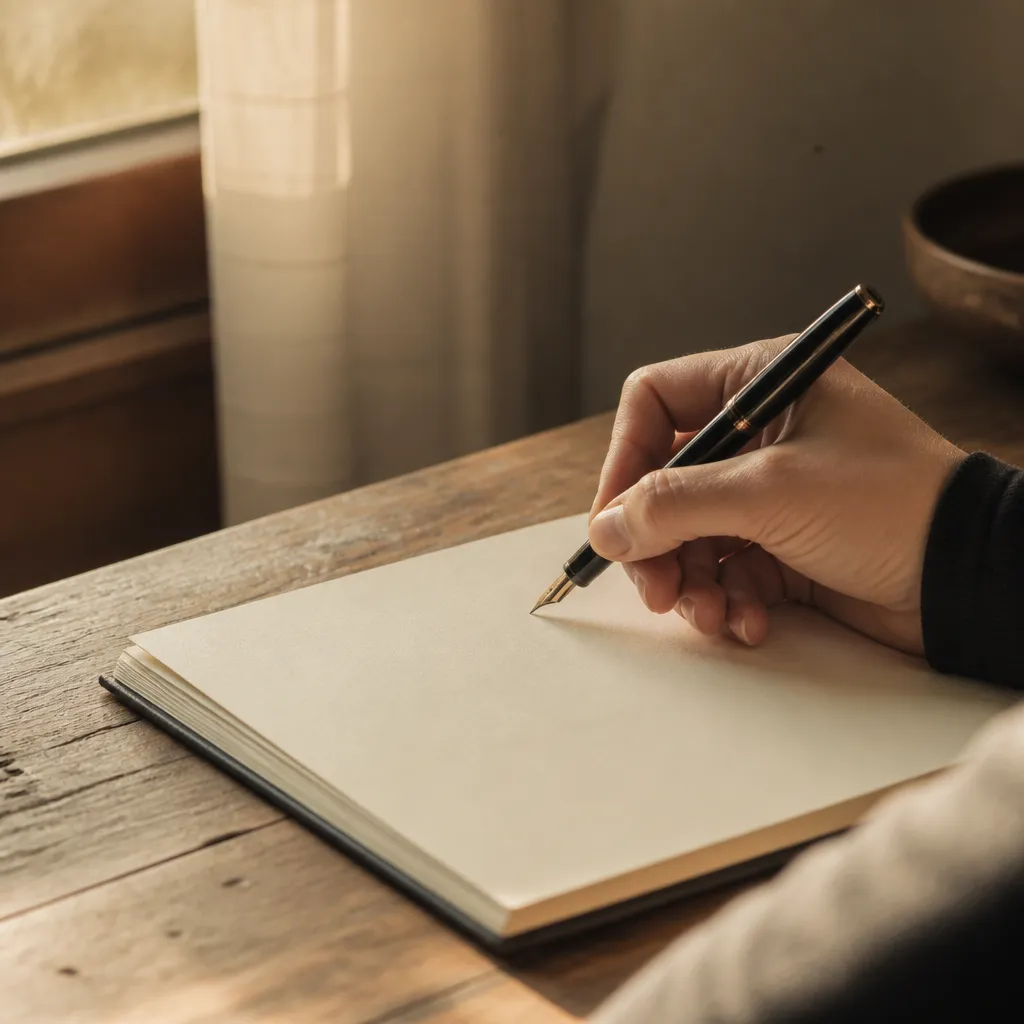 Main qui écrit dans un carnet posé sur une table en bois, lumière douce venue du côté