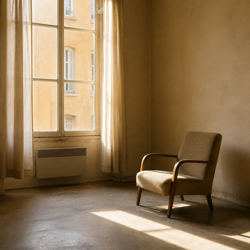 Pièce sobre et vide, grande fenêtre, tache de lumière chaude posée sur le sol