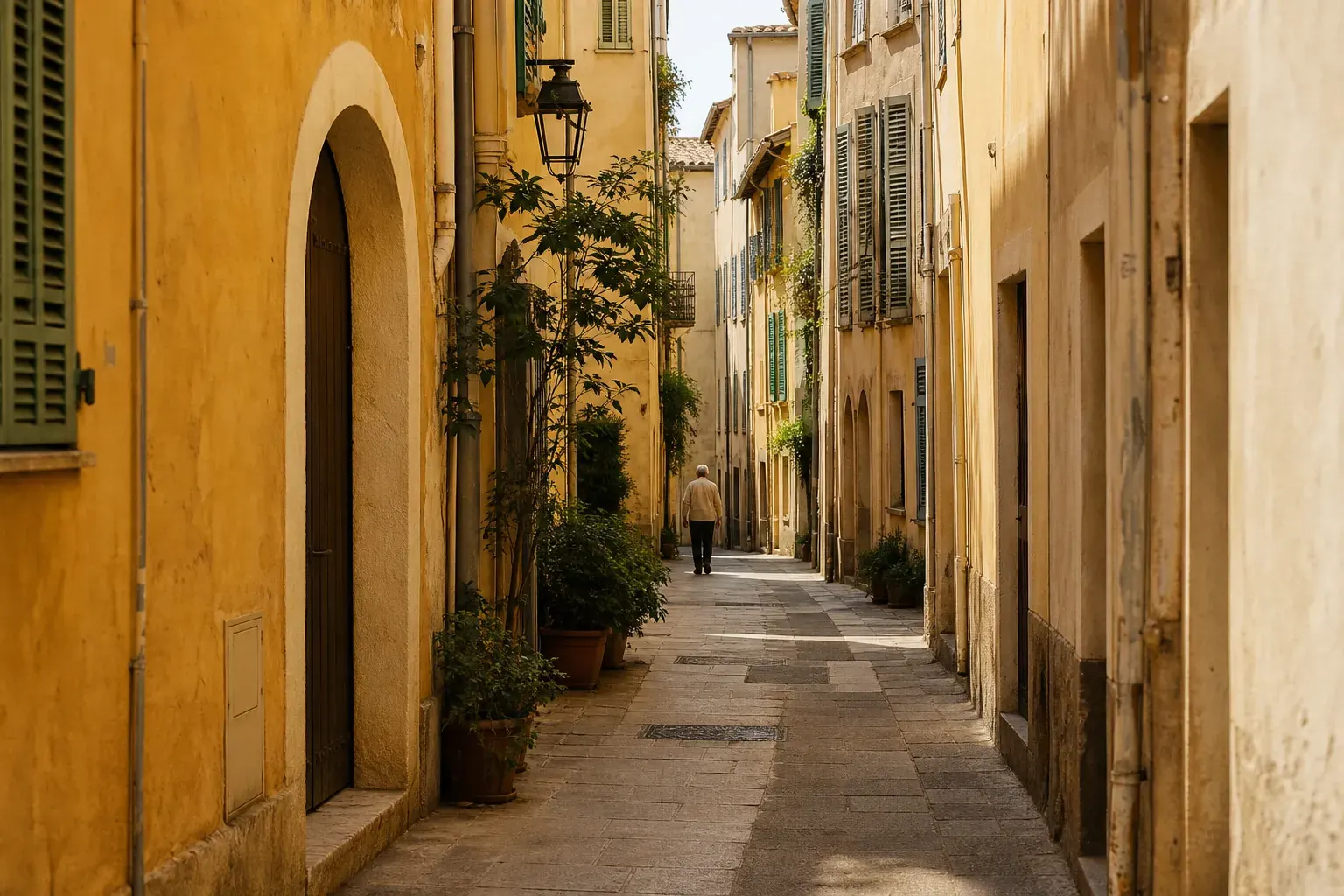 Ruelle calme du Vieux-Nice, façades ocre passées et volets en bois, lumière de fin de journée, sans monument ni foule